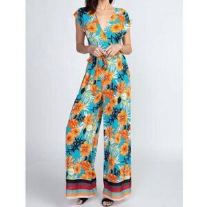 Wide Leg Floral Jumpsuit Aqua Blue Orange
